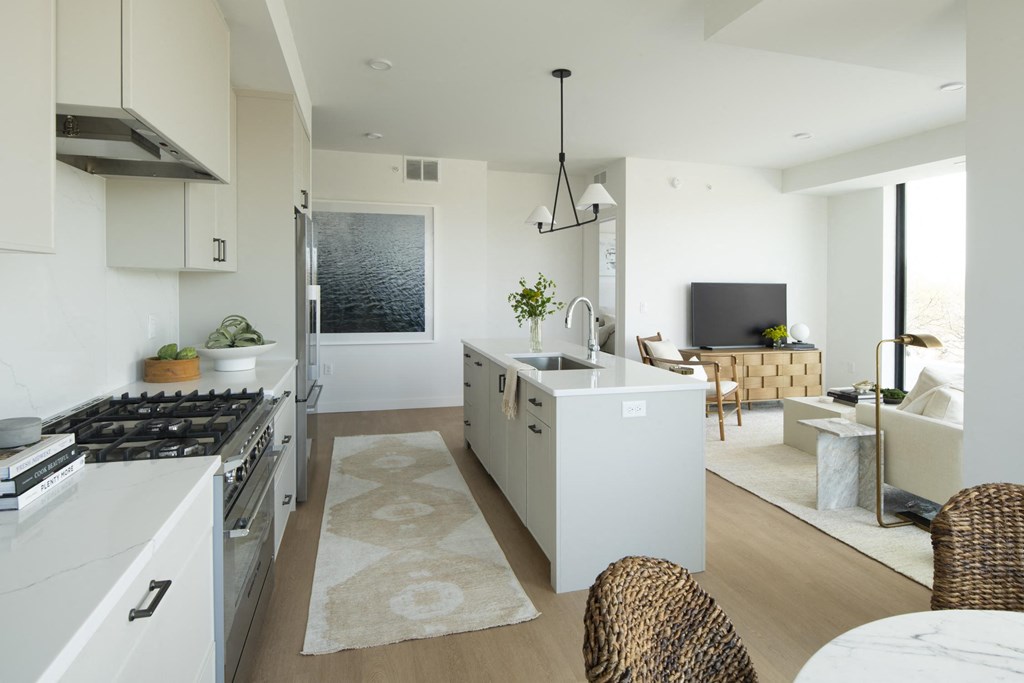 a view of the kitchen and living room in a 555 waverly unit