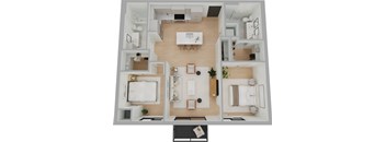 a stylized floor plan of a two bedroom apartment with two bathrooms and a balcony