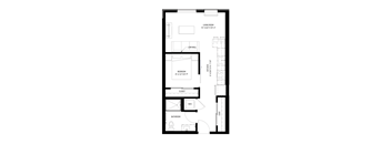 A black and white image of a floor plan for a small apartment.