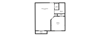 A floor plan of a house with a kitchen, living room, bathroom, bedroom and balcony.