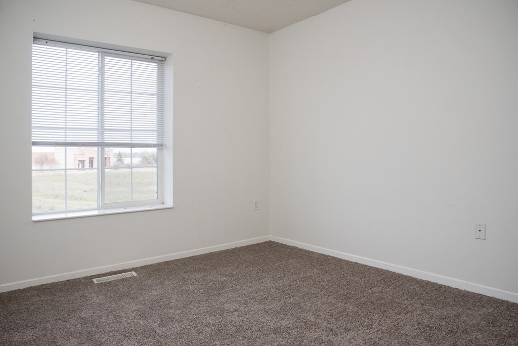 an empty room with carpet and a window