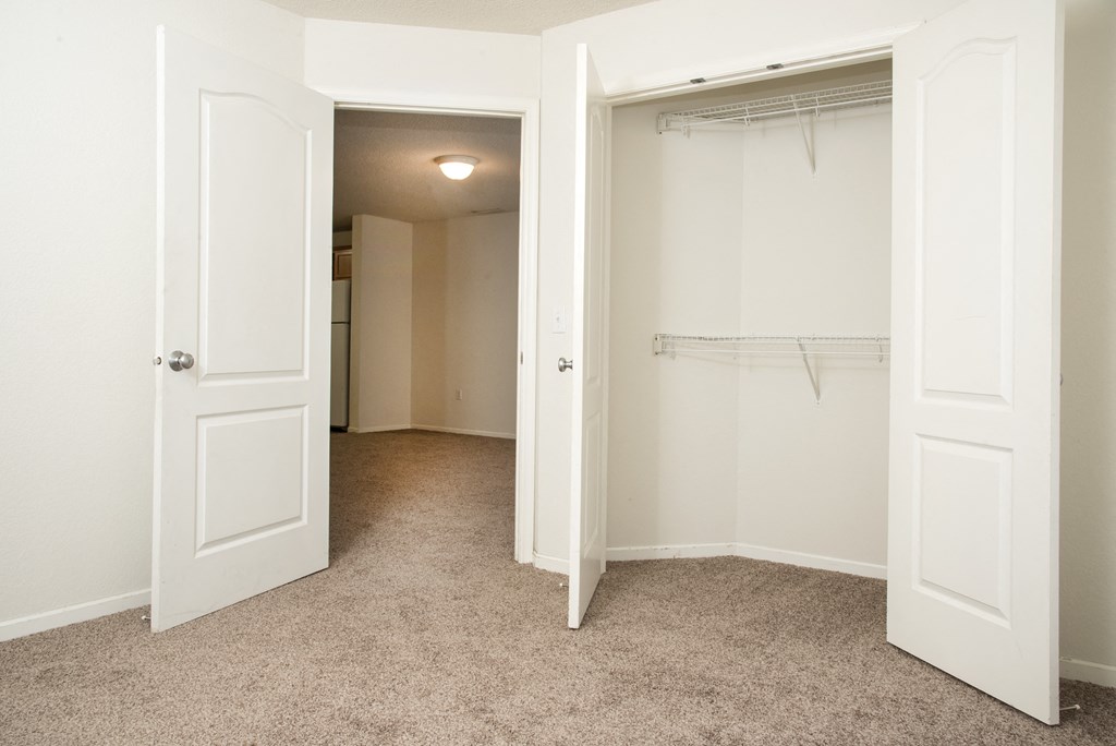 an empty bedroom with a closet and a white closet door
