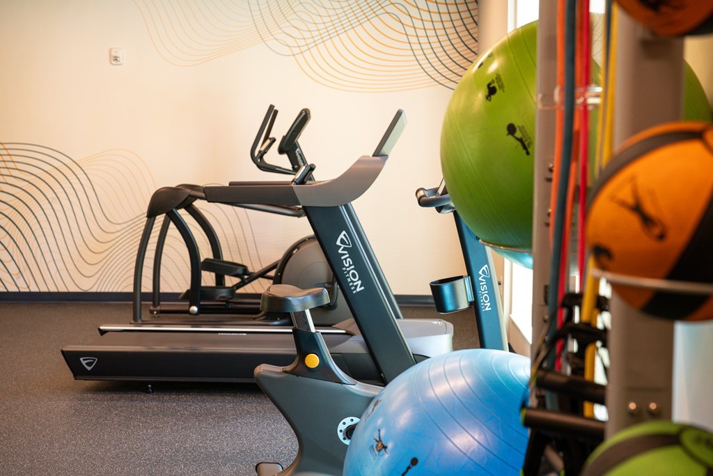 A gym with a rowing machine and exercise balls.