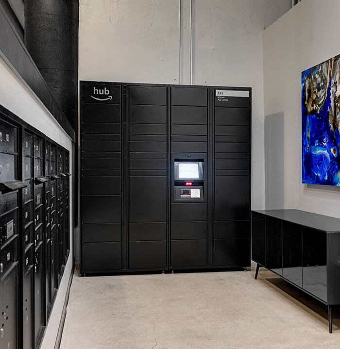 a row of black lockers in a room