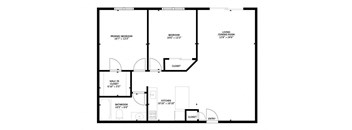 A floor plan of a home with a living/dining room, kitchen, two bedrooms, and a bathroom.