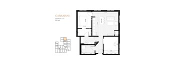A floor plan of a 2 bedroom apartment with a total area of 868 sqft.