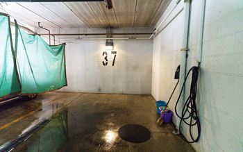 A room with a number 37 on the wall and a drain in the floor.