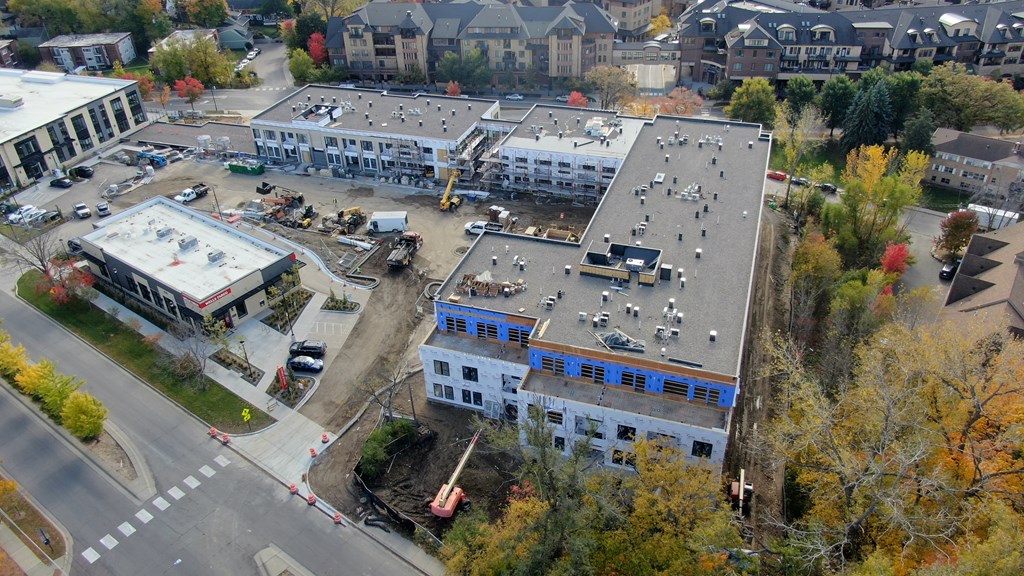 An aerial view of a construction site in a city.
