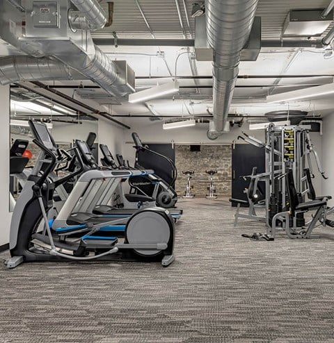 a large fitness room with treadmills and other exercise equipment