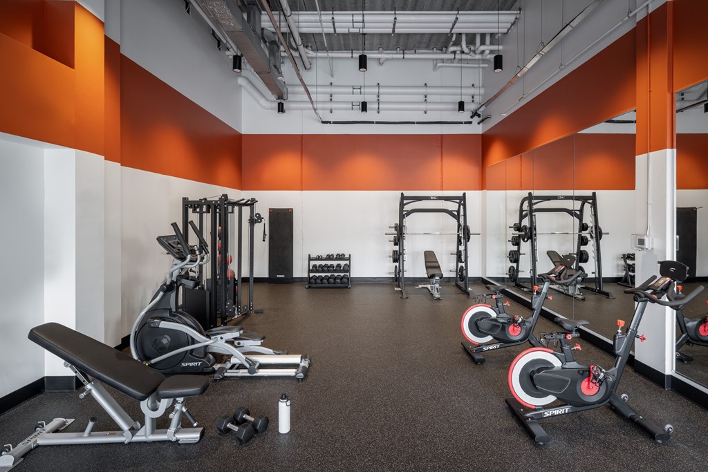 A gym with a variety of equipment including weights and cardio machines.