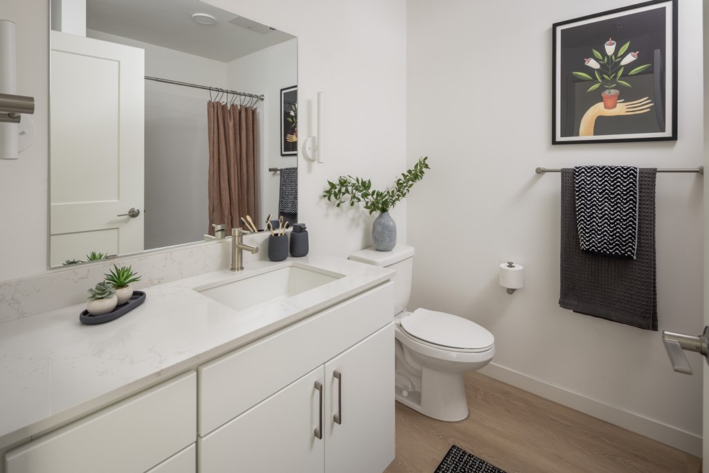 A bathroom with a toilet, sink, and mirror.