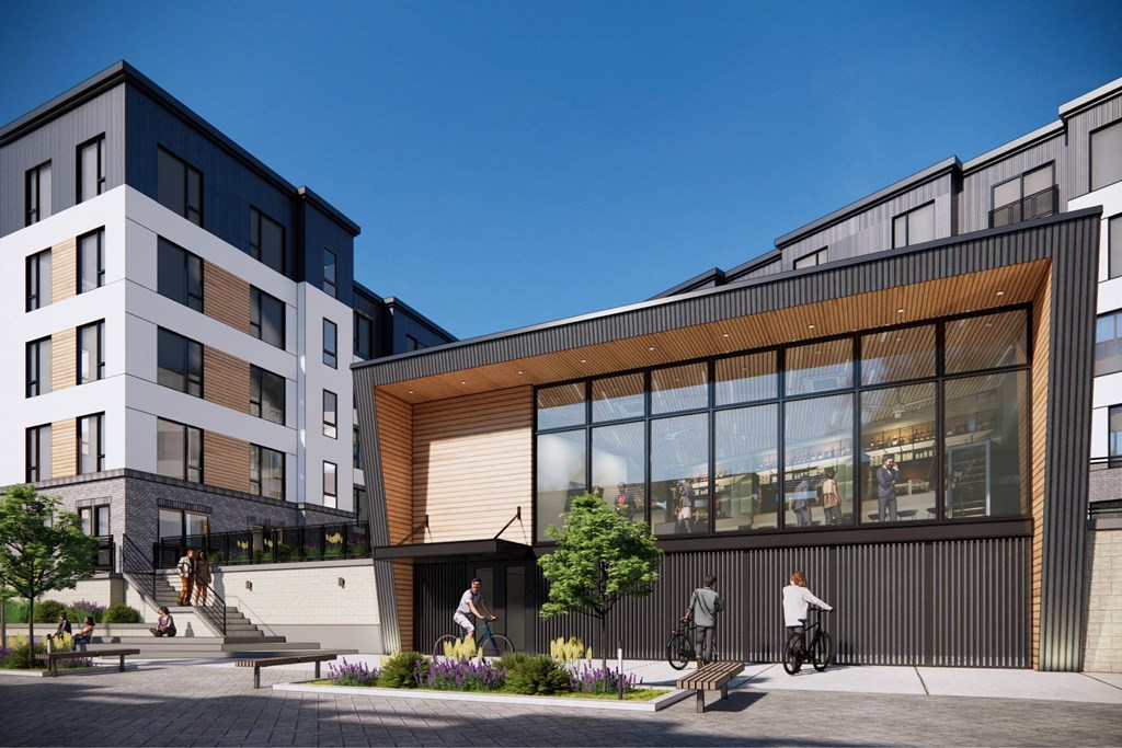 a rendering of a building with people walking and riding bikes