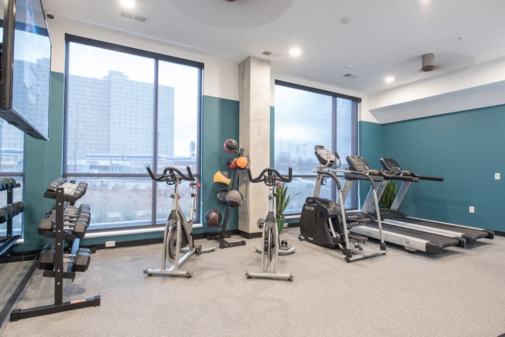 a gym with cardio machines and weights in a room with windows