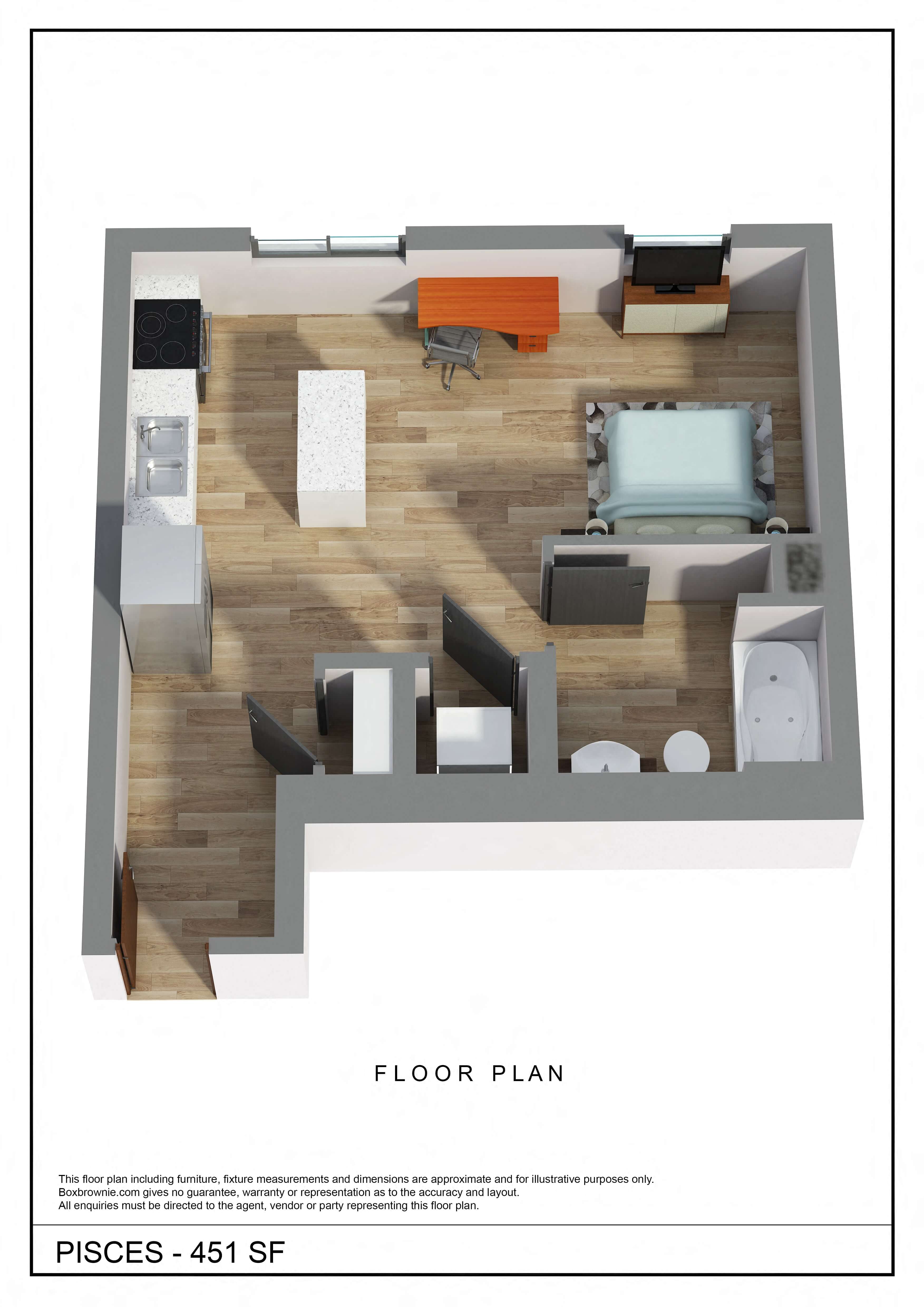 a floor plan of a room with a desk and a chair