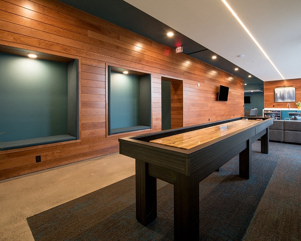 a game room with a pool table and a tv