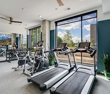 a gym with cardio machines and a large window