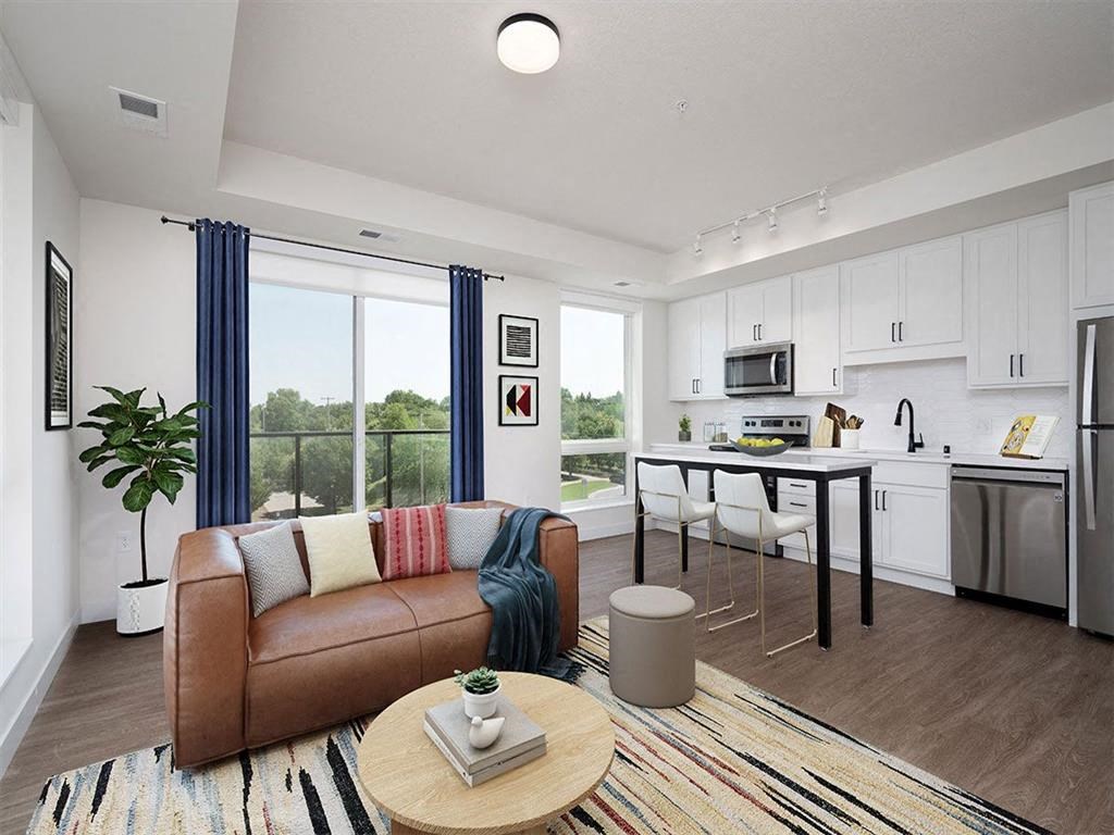 a living room with a couch and a table