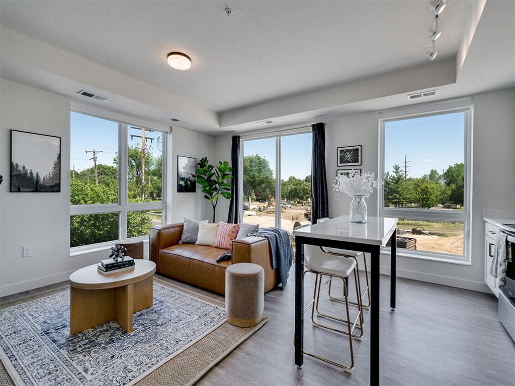 a living room with a couch and a table