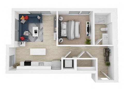 a 1 bedroom floor plan with a bathroom and a living room