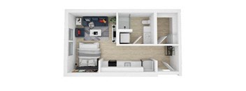 a model of a studio apartment with a bedroom and a bathroom