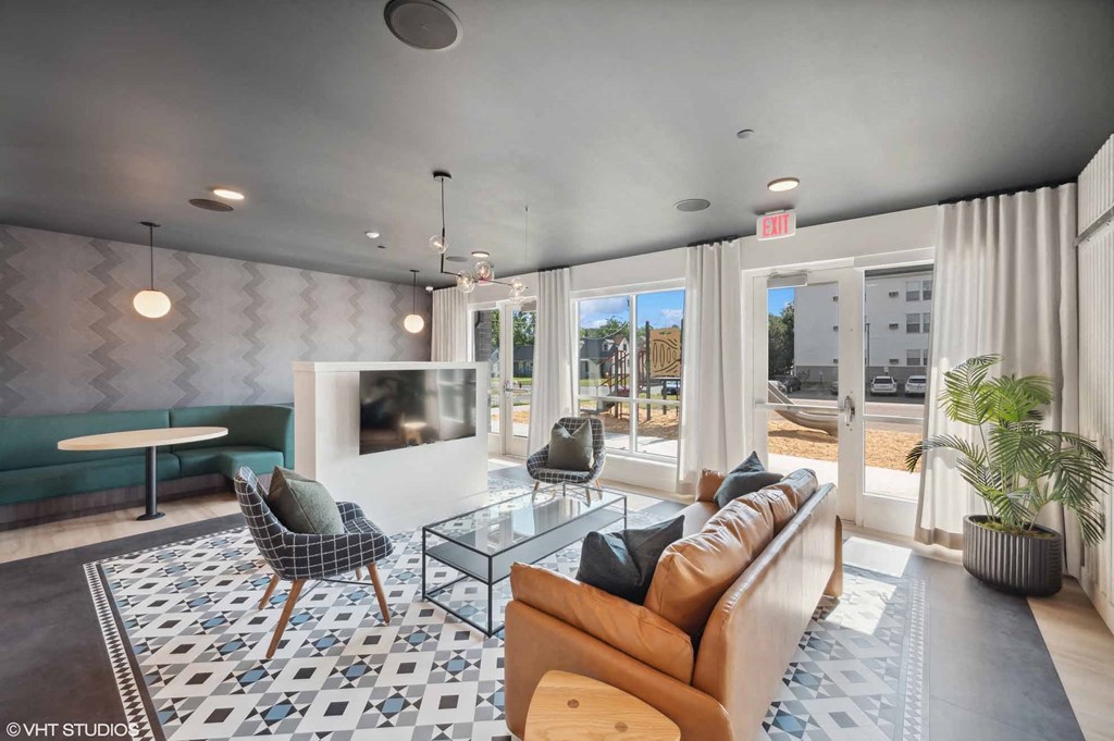 a living room with a couch and a table