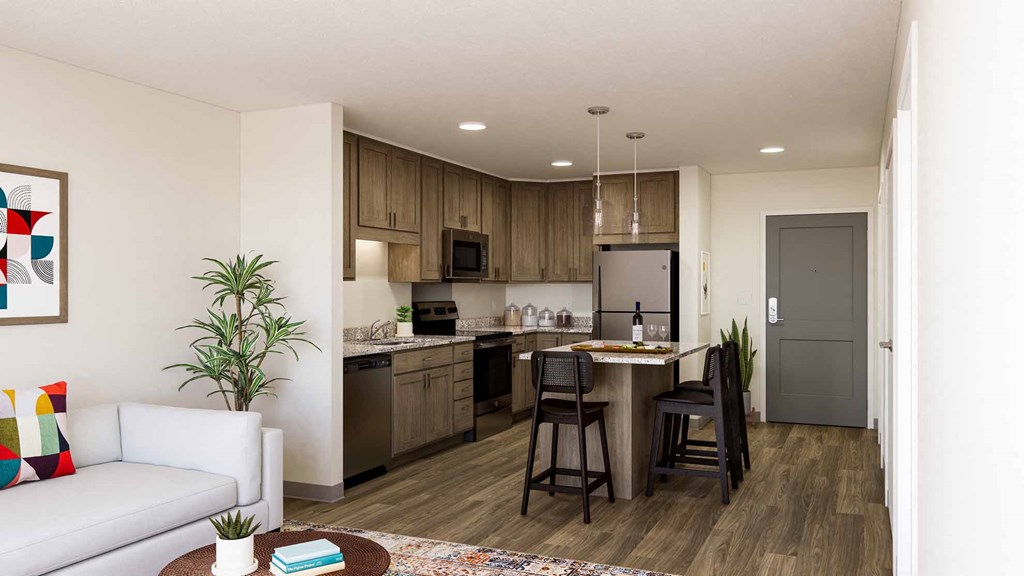A modern kitchen with a dining table and chairs.