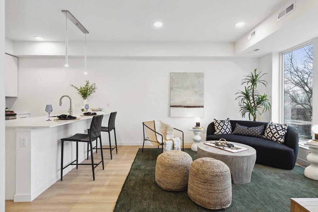 A modern living room with a black couch and a green rug.