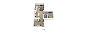 A 3D floor plan of a house with multiple rooms and furniture.