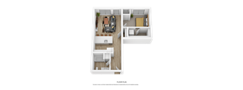 A top-down view of a two-bedroom apartment with a living room, kitchen, and bathroom.