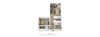 A top down view of a small apartment with a bedroom, living room, and kitchen.