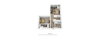 A top down view of a small apartment with a living room, kitchen, and bedroom.
