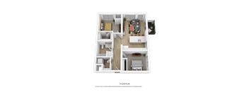 A 3D floor plan of a house with multiple rooms and furniture.