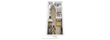 A top-down view of a living room with a couch, chairs, and a coffee table.
