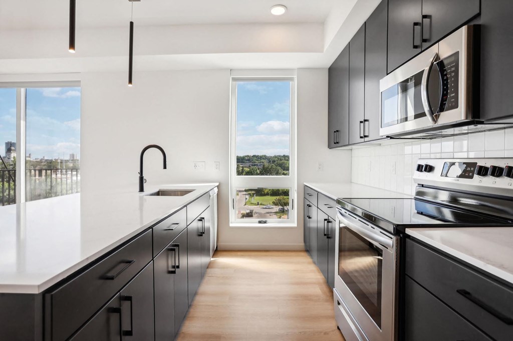 A modern kitchen with black cabinets and stainless steel appliances.