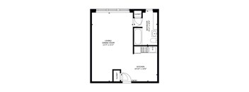 A floor plan of a house with a living room, dining room, kitchen, bathroom, and closet.