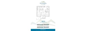 A floor plan for a unit at The Heights at Vista Ridge, showing a living room, dining room, kitchen, and two bedrooms.
