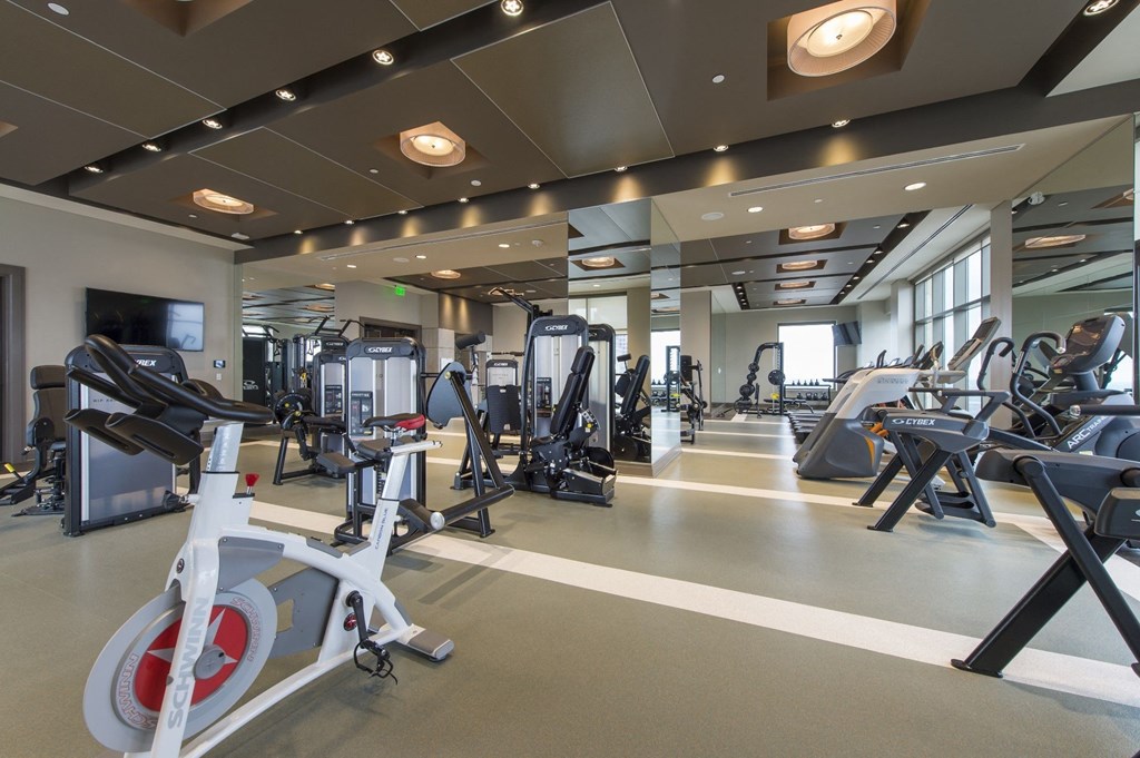 a large fitness room with exercise equipment and a flat screen tv on the wall
