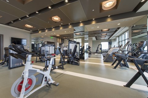 a large fitness room with exercise equipment and a flat screen tv on the wall