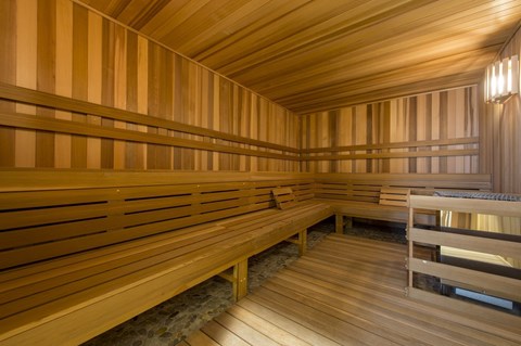 a small sauna with wooden benches and walls