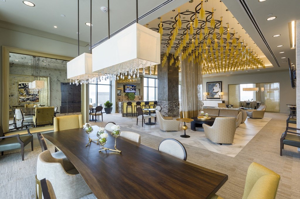 The sky lounge with seating and bar on the rooftop of Market Square Tower in downtown Houston