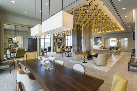 The sky lounge with seating and bar on the rooftop of Market Square Tower in downtown Houston