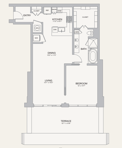 A floor plan of a house with a kitchen, dining room, living room, bedroom, bathroom, and terrace.