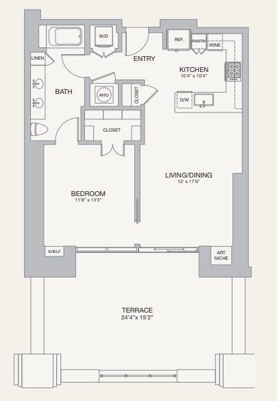 A floor plan of a house with a living room, kitchen, bathroom, and bedroom.