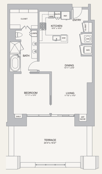 A floor plan of a house with a bedroom, bathroom, kitchen, dining room, living room, and terrace.