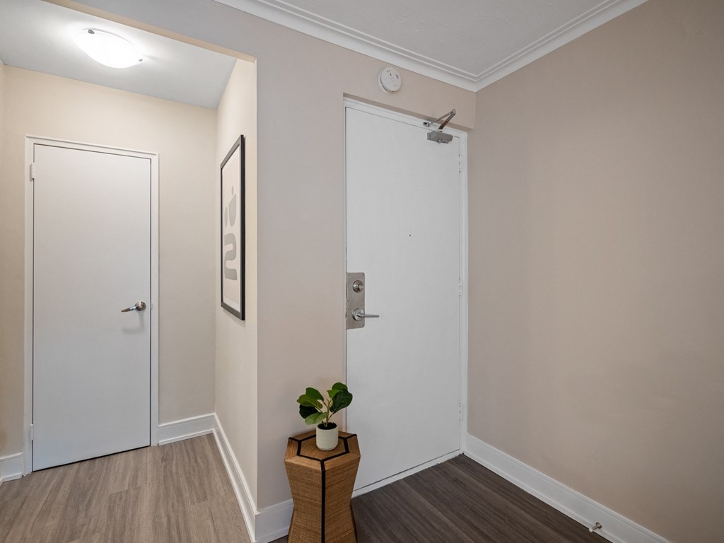 a small plant sits on a small table in the corner of a room