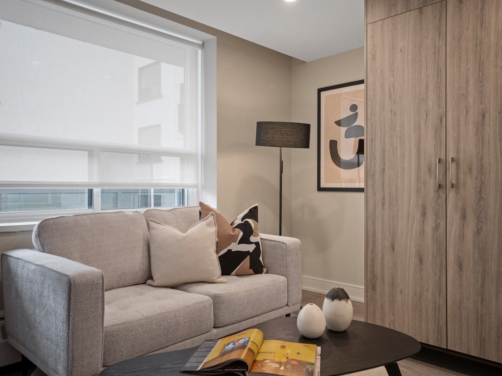 a living room with a couch and a coffee table