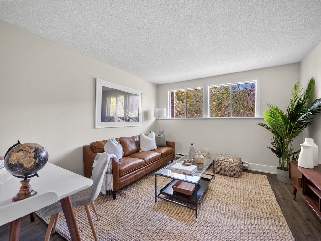 a living room with a couch and a table