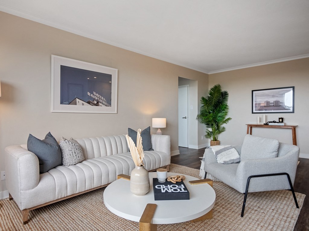 a living room with two couches and a coffee table