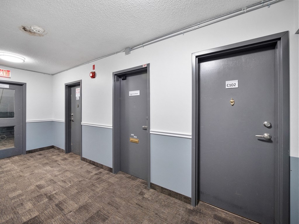 a hallway with three doors and a carpeted floor