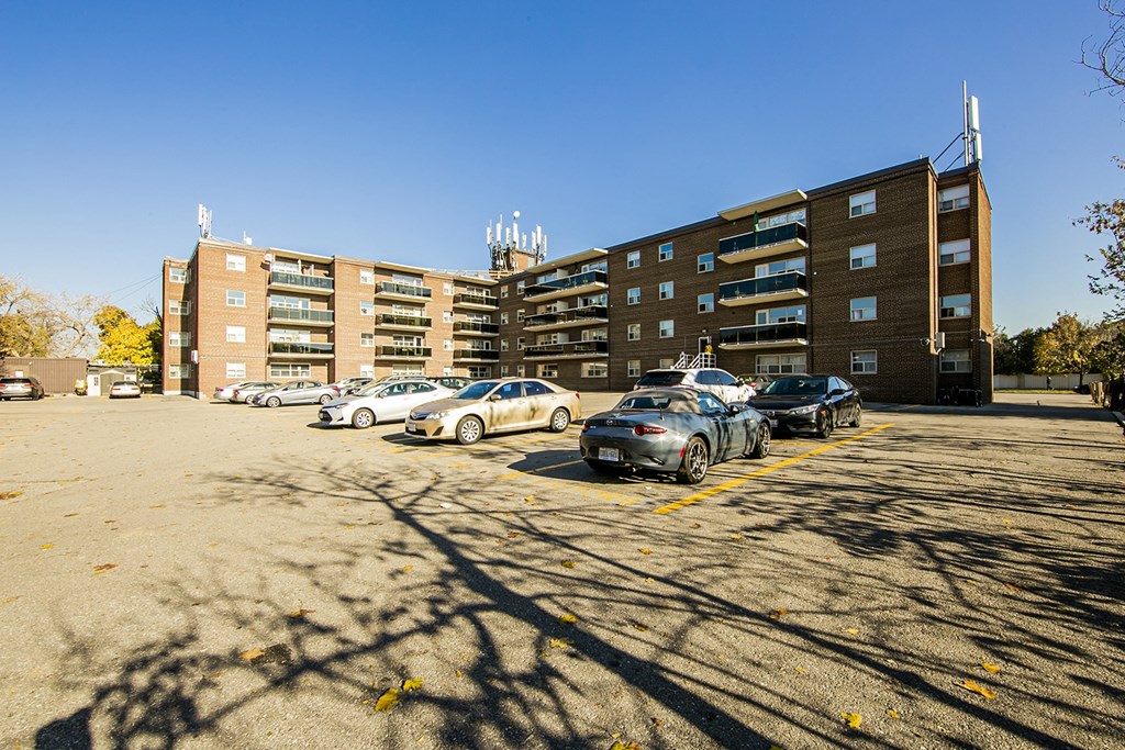 a parking lot in front of a building